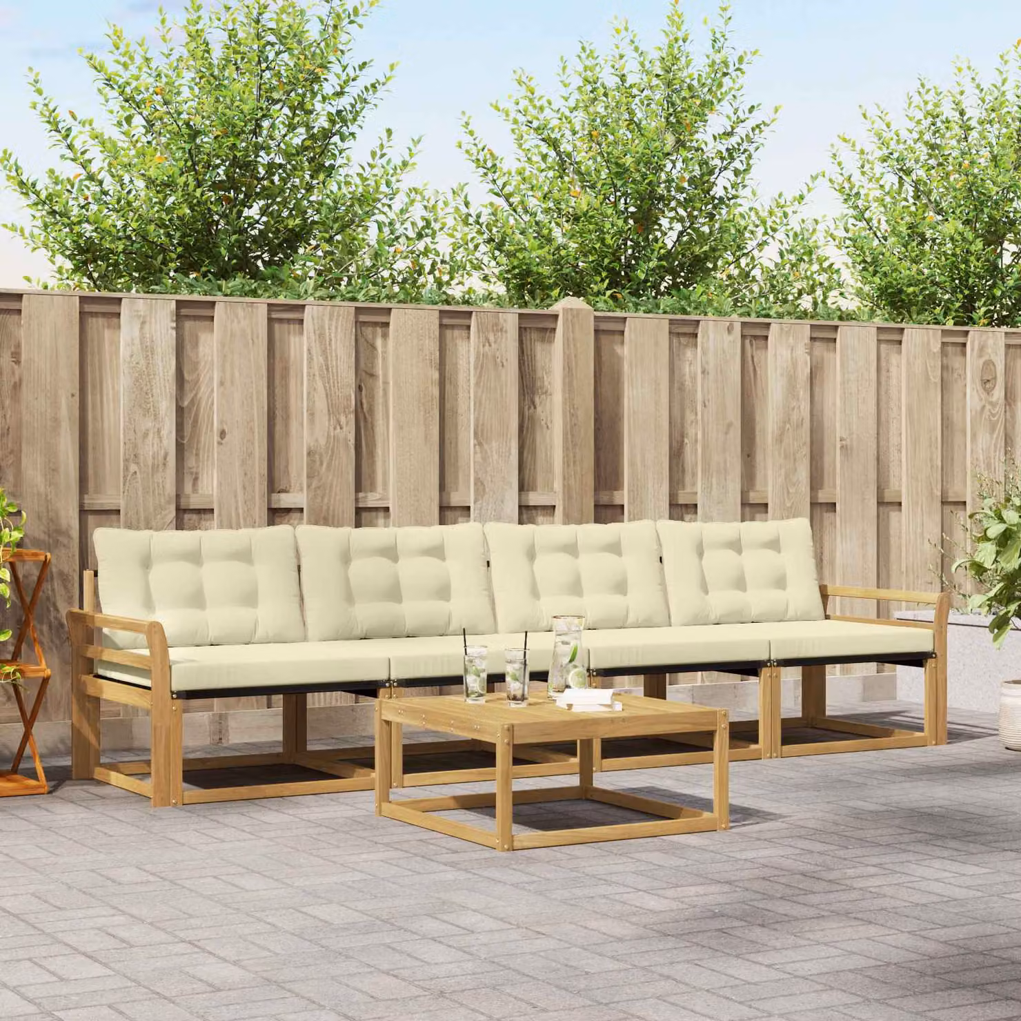 Set di divani da esterno vidaXL in legno di acacia con tavolino e cuscini, Bianco e Beige