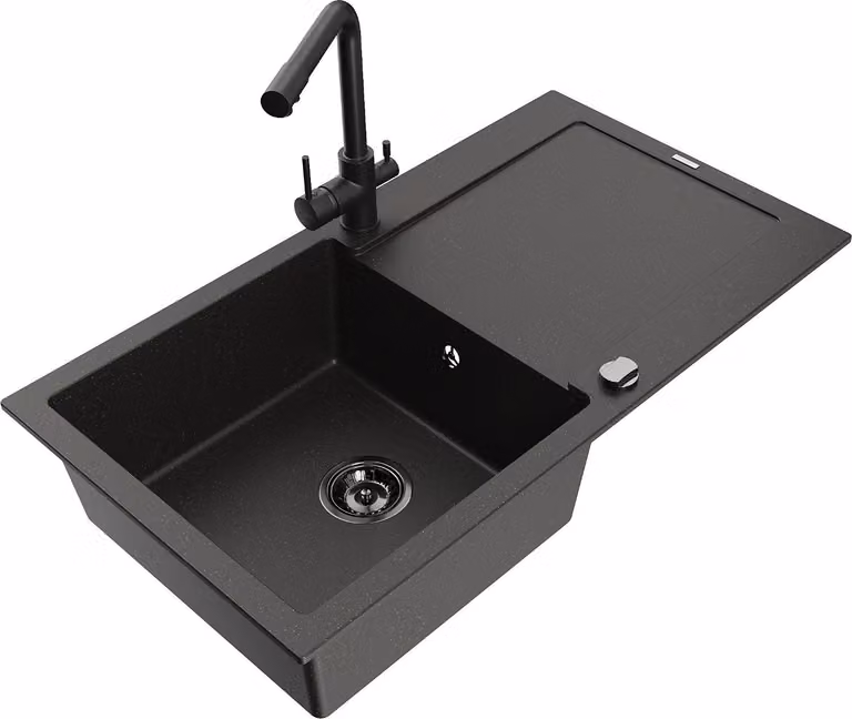 Mexen Leo lavello in granito a 1 vasca con scolapiatti e miscelatore cucina Duero, nero/oro metallizzato - 6501-75-671600-70-B