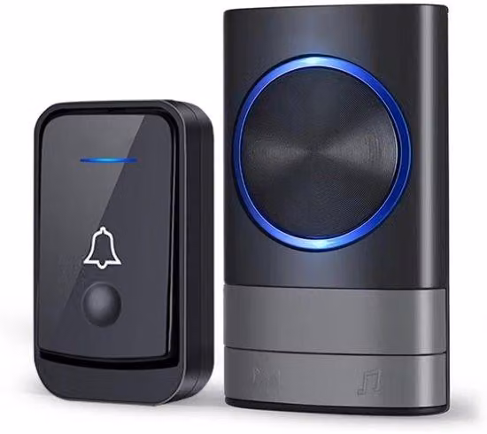 Campanello wireless giallo - Resistente all'acqua e alla polvere - Campanello per esterni - Adatto per porte d'ingresso - 52 melodie - 4 livelli di volume - Indicatore LED lampeggiante - Portata wireless di 200 metri - Nero