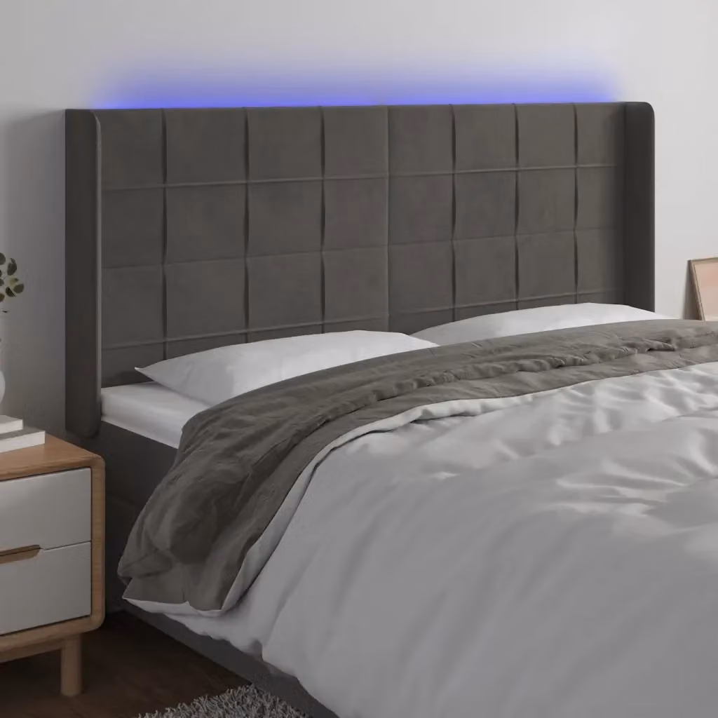 Testata del letto con illuminazione LED e porta di ricarica USB in tessuto grigio scuro L: 183 cm, P: 16 cm, H: 118/128 cm – 2