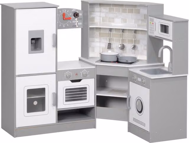 Cucina Giocattolo in Legno XYLO Grigio con Suoni, Lavello, Forno, Microonde e Lavatrice per Bambini, H: 110 cm, L: 91 cm, P: 36 cm