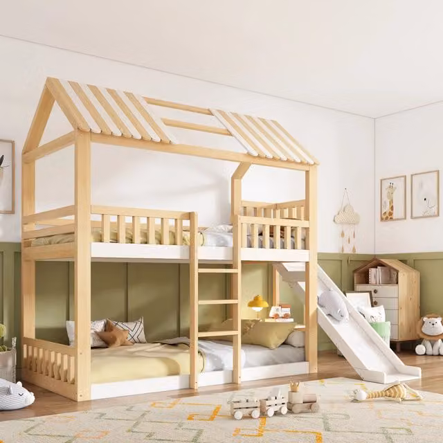 Letto a castello 90x200 cm con tetto a capanna in legno bianco e colore naturale