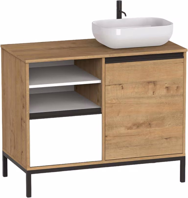Mobile sottolavello, dimensioni 100x51x96 cm, finitura rovere dorato/bianco, con lavabo in Vetroceramica