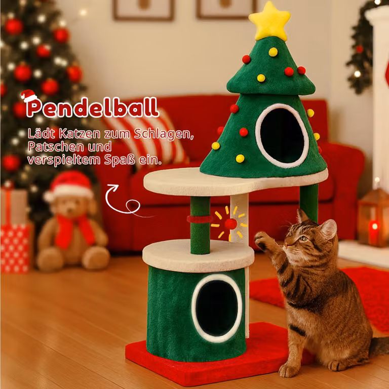 COMHOMA tiragraffi con design ad albero di Natale 123 cm, stabile torre per gatti ad albero con tiragraffi, casa per gatti a più piani con piattaforme e palla da gioco