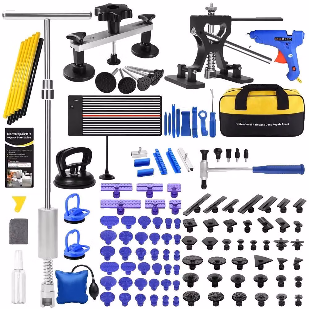 Kit per la riparazione di ammaccature, realizzato in metallo resistente. Include: estrattore per ammaccature (11,4 cm), estrattore a barra a T (17,8 cm). Adatto a diversi tipi di veicoli, efficace per riparare danni causati dalla grandine