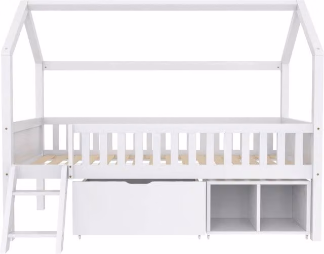 Letto a castello per bambini 200x90 cm in pino con cassetti e scaffali, barriera di sicurezza, bianco