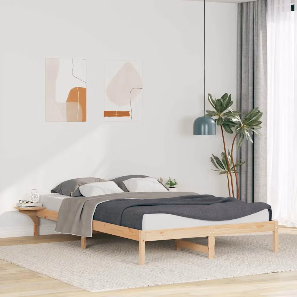 Letto con tavolini laterali vidaXL in pino massello naturale con scomparti laterali L 140 x P 215,5 x H 32 cm