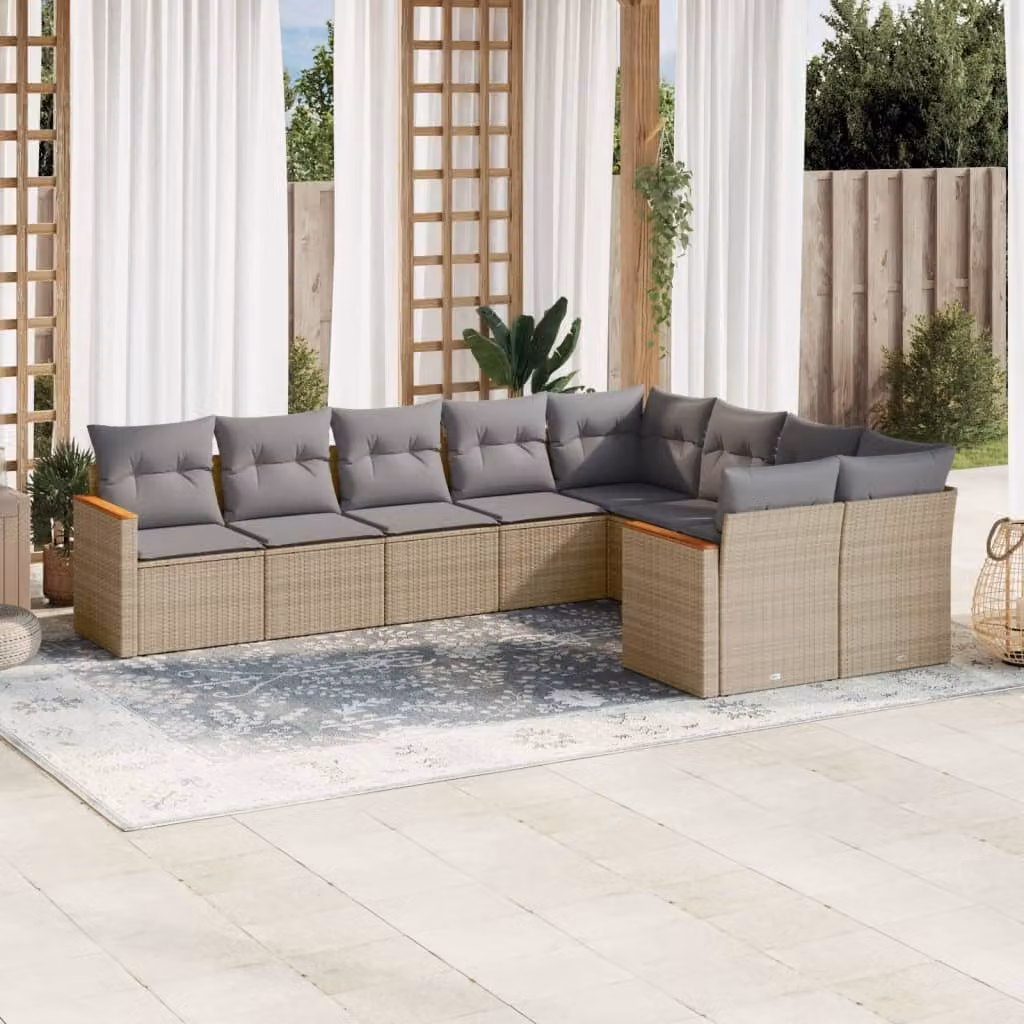 vidaXL Set Divano da Giardino a L in Polyrattan con Cuscini Beige e Grigio, 9 Pezzi – 1
