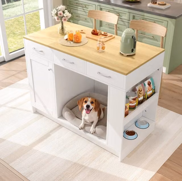 Isola da cucina ULEVR 120x60x90 cm con 3 cassetti, ripiano regolabile e vano per animali, bianca