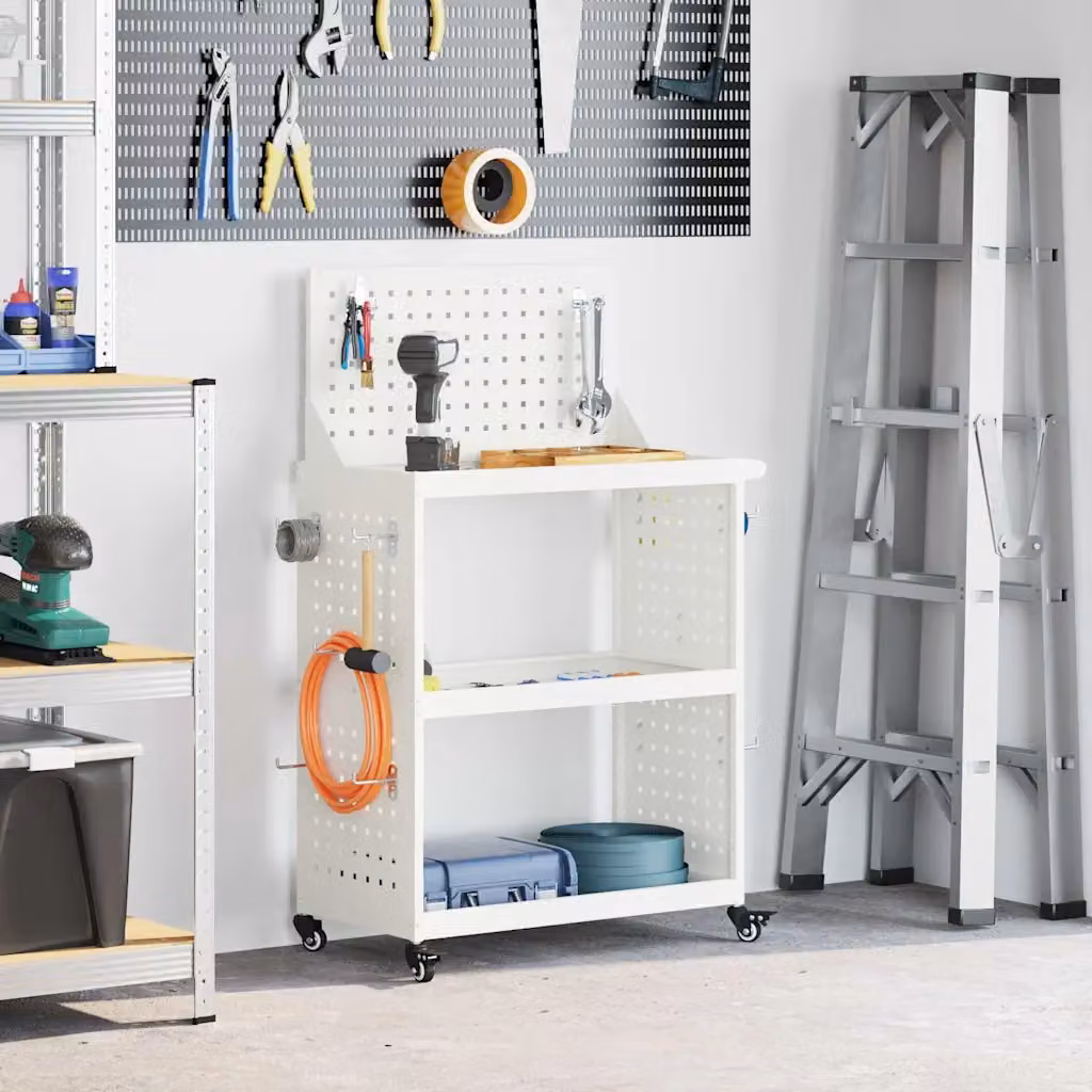 vidaXL Carrello per Attrezzi con Scaffale in Acciaio Bianco L: 65 cm, P: 35 cm, H: 111 cm