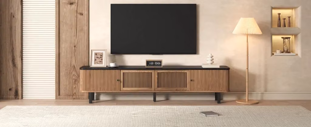 Mobile TV moderno MODFU con ante scorrevoli e griglia, colore marrone, L 190 cm x P 35 cm x H 45 cm – 2