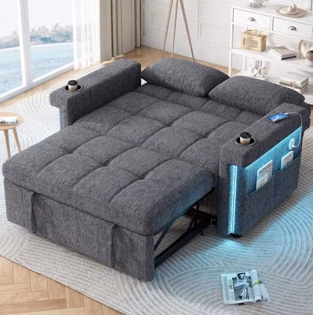 Divano letto 2 posti convertibile 145 x 141;5 x 90 cm in chenille grigio con LED e USB