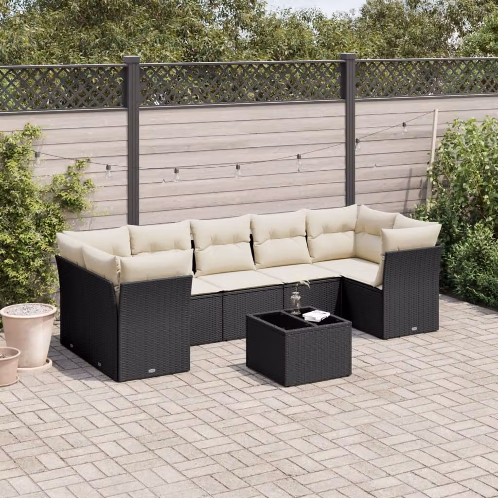 vidaXL Set Divani da Giardino a L con Cuscini 8 pz in Polyrattan Nero e Bianco con Tavolino da Caffè – 1