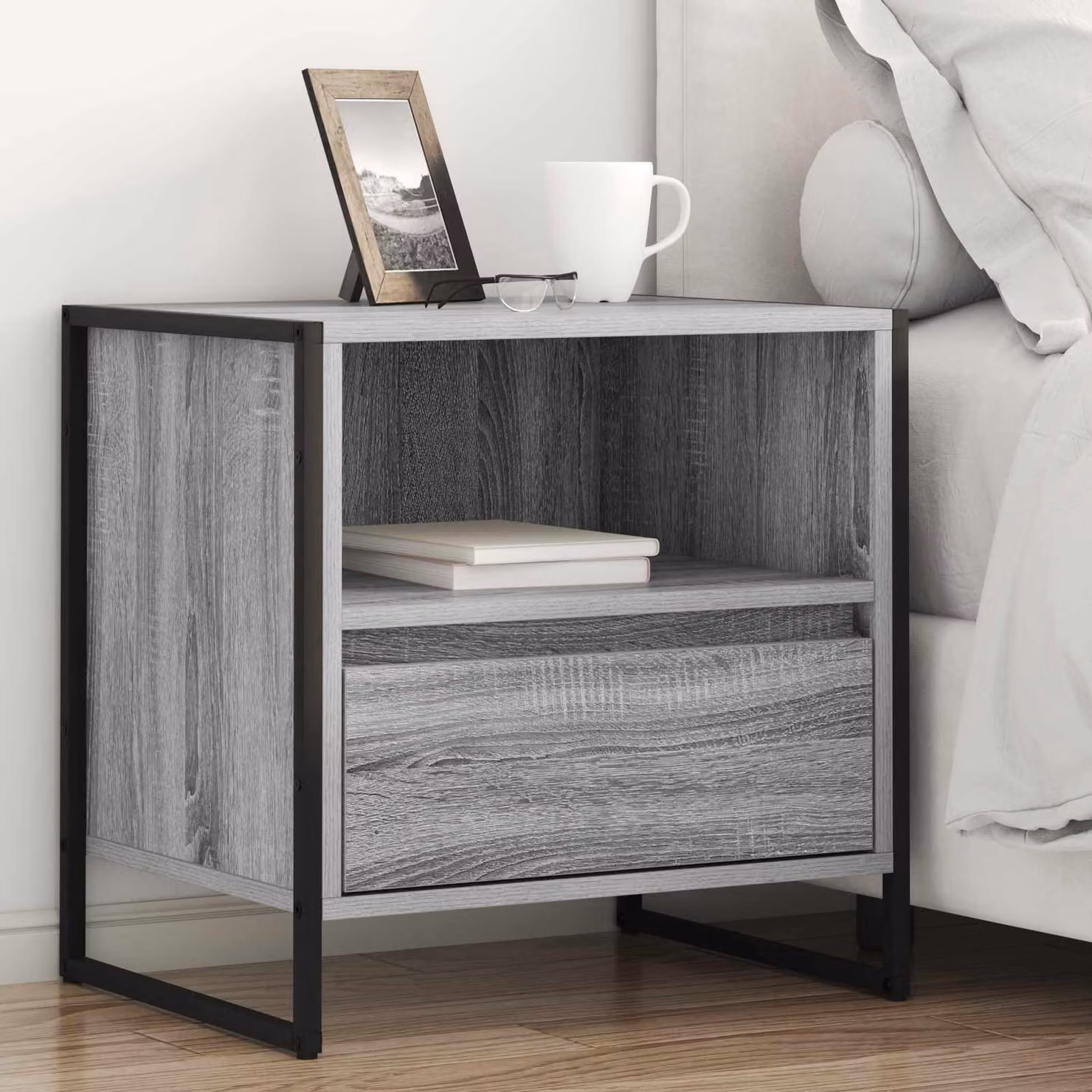 Comodino vidaXL in stile industrial grigio in legno ingegnerizzato e metallo L 50 cm x P 39,5 cm x H 50 cm