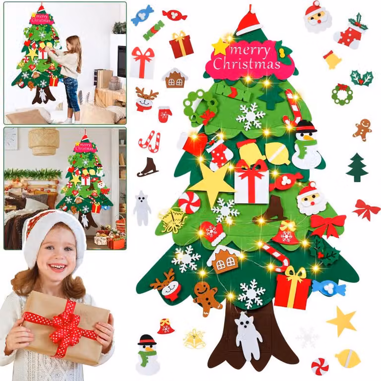Set albero di Natale in feltro 3D Jayseuw: albero di Natale decorato con ornamenti per bambini - Decorazioni creative in feltro fai da te per la casa