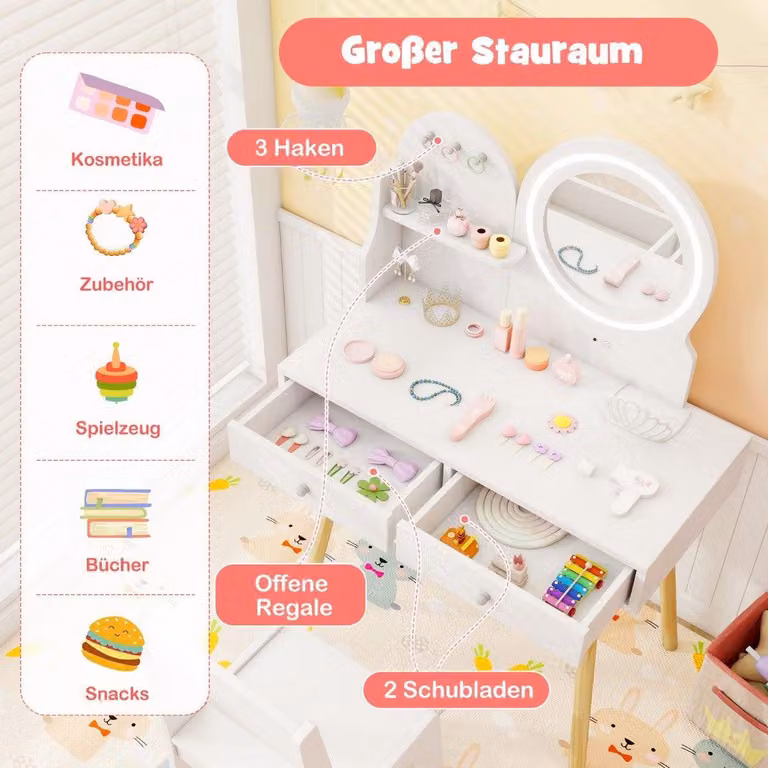 Toeletta per bambini con illuminazione 2 in 1 toeletta con specchio bianco