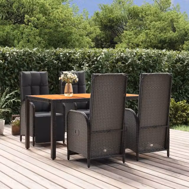 Set da Pranzo da Giardino 5 pz Nero con Cuscini in Polyrattan 3185076
