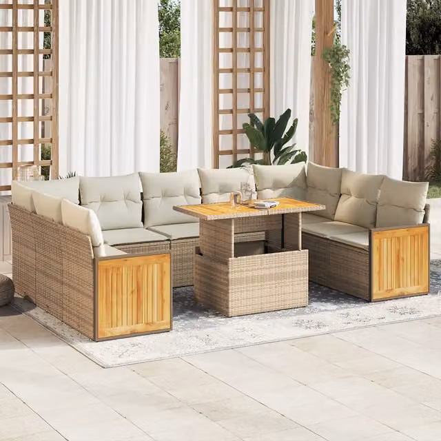 Set da giardino componibile vidaXL in polyrattan e legno di acacia con 10 pezzi e cuscini beige a forma di U