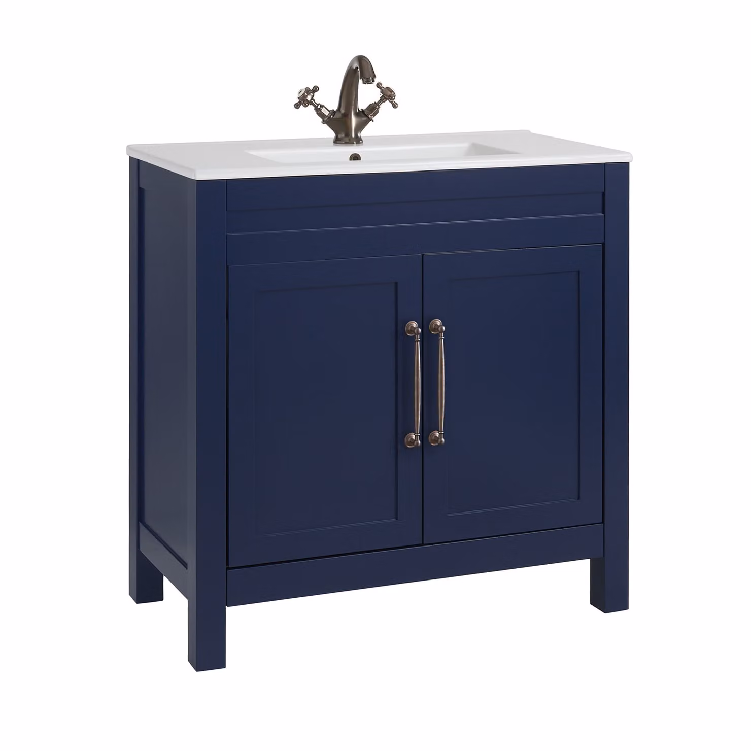 Mobile Bagno Blu Marino da 810mm con Lavabo e Maniglie Classiche con Barra a T in Bronzo Spazzolato - Warwick