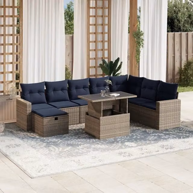 Set Divani da Giardino 9 pz con Cuscini Grigio in Polyrattan 3274871