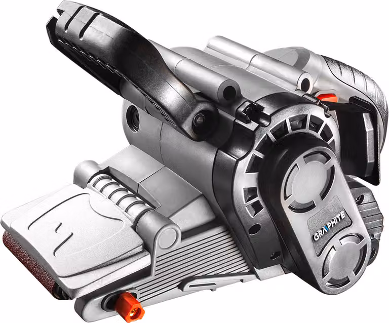 Levigatrice a nastro GRAPHITE 800W, nastro continuo 75 x 457 mm, avanzamento del nastro abrasivo 160-260 m/min, superficie attiva di levigatura 75 x 146 mm, diametro del rullo di guida 16 mm, (LxA) 300 x 140 mm, peso 3,1 kg, accessori: nastro abrasivo, sa
