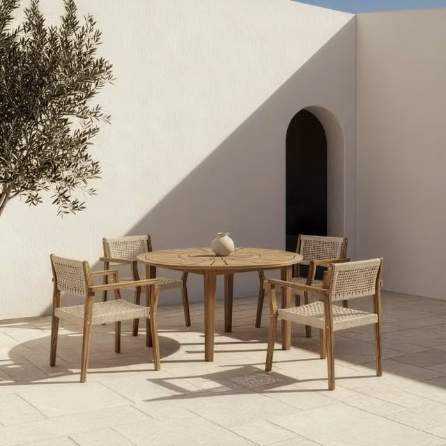 Set da giardino Banak composto da tavolo rotondo nero e 4 sedie beige in legno di acacia massello, Diametro tavolo: 120 cm