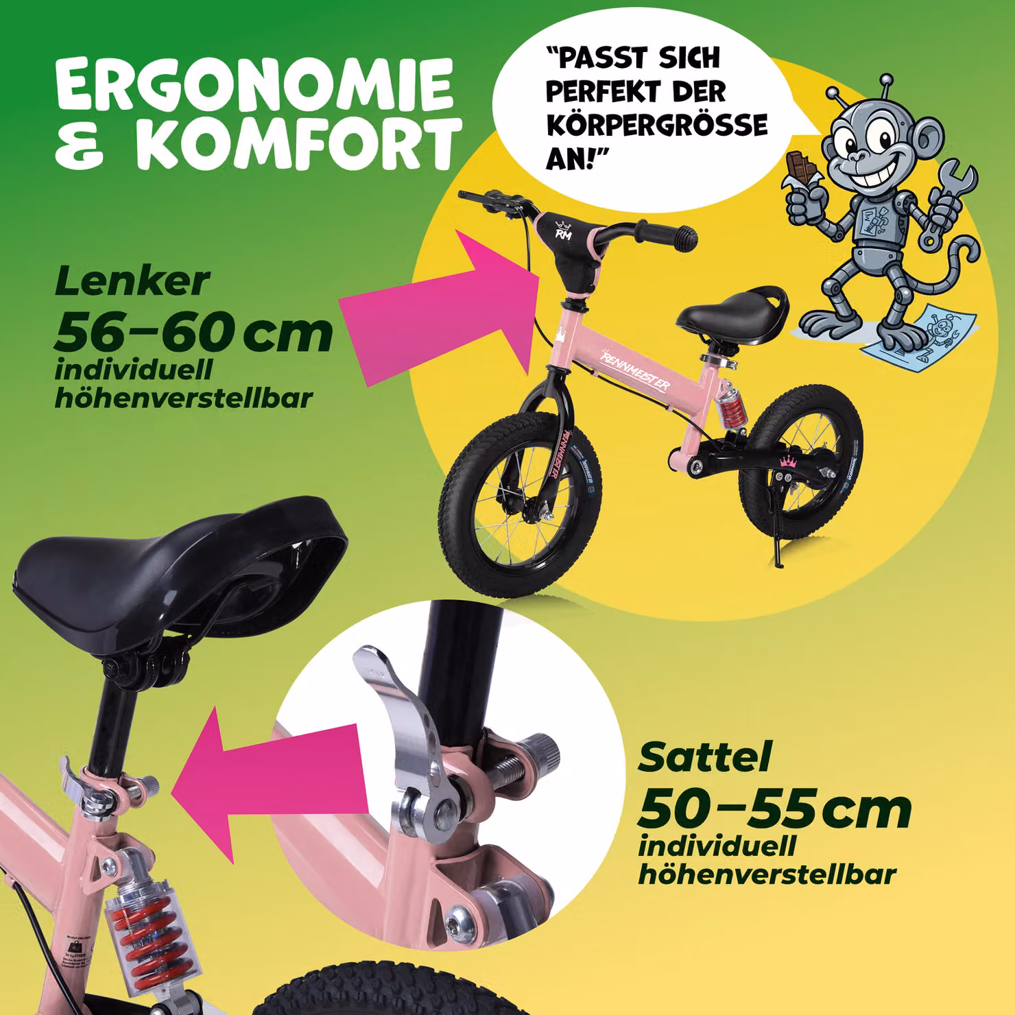 Bicicletta da equilibrio Rennmeister per bambini con maniglia di spinta e freno, rosa – 4