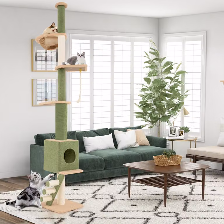 Albero per gatti Costway da pavimento a soffitto con altezza regolabile 218-253 cm, centro attività a 5 livelli con amaca e sisal sostituibile, Verde