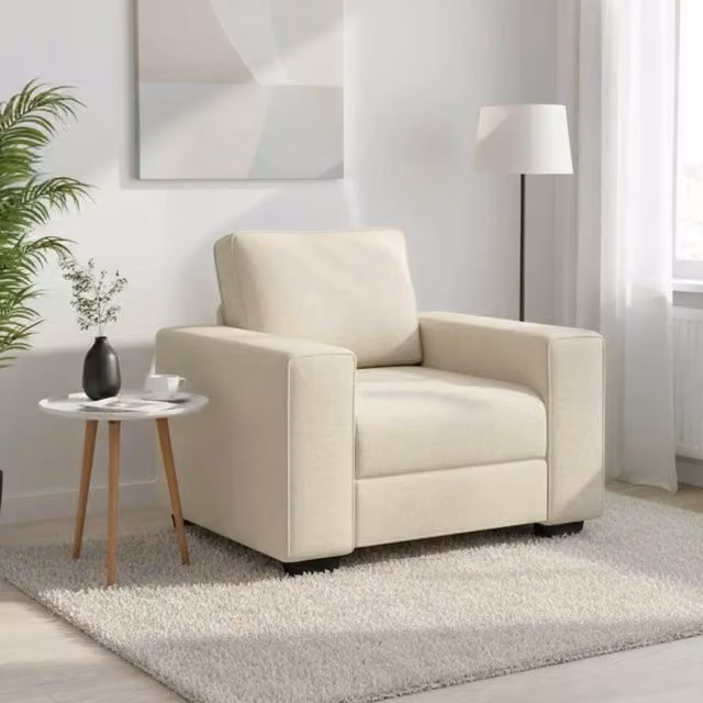 Poltrona moderna vidaXL in tessuto beige con braccioli e struttura in legno e metallo