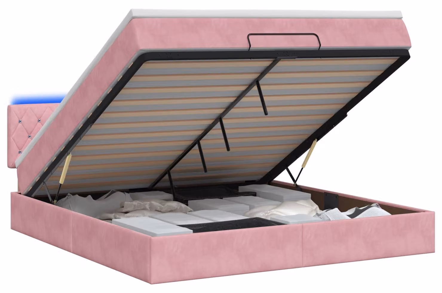 Pouf contenitore con materasso e luce LED rosa, 160 x 200 cm, rivestito in velluto