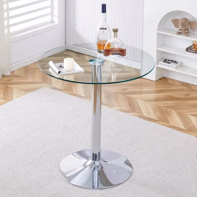Tavolo alto con piano rotondo in vetro trasparente e base in metallo argentato diametro 89 cm altezza 92 cm