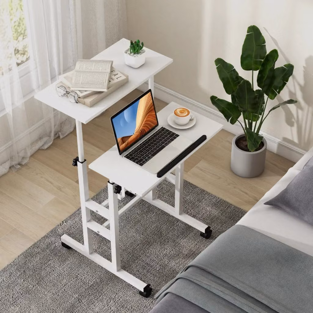 Scrivania per computer Design Mania con altezza regolabile e piano inclinabile, Bianco, L: 124 cm, P: 60 cm, H: 70-100 cm – 2