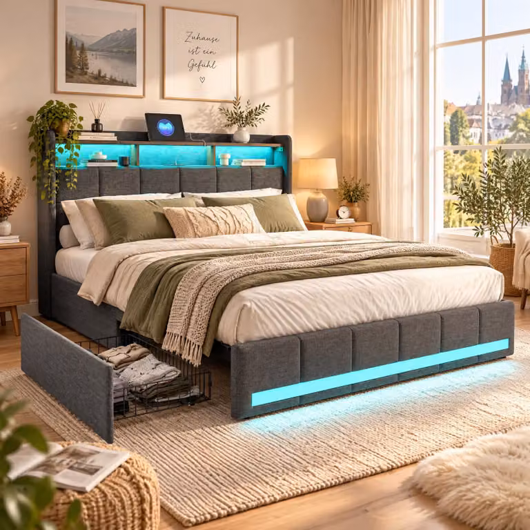 Letto imbottito 180x200 cm con LED integrati nella testata e presa USB, letto matrimoniale con 4 cassetti, struttura letto con rete a doghe, colore grigio (senza materasso)
