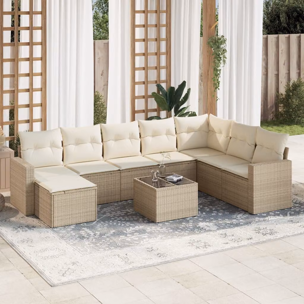 vidaXL Set Divano da Giardino 9 pz a Forma di L con Cuscini Beige e Tavolino, Struttura in Metallo e Polyrattan per Terrazza e Giardino – 1