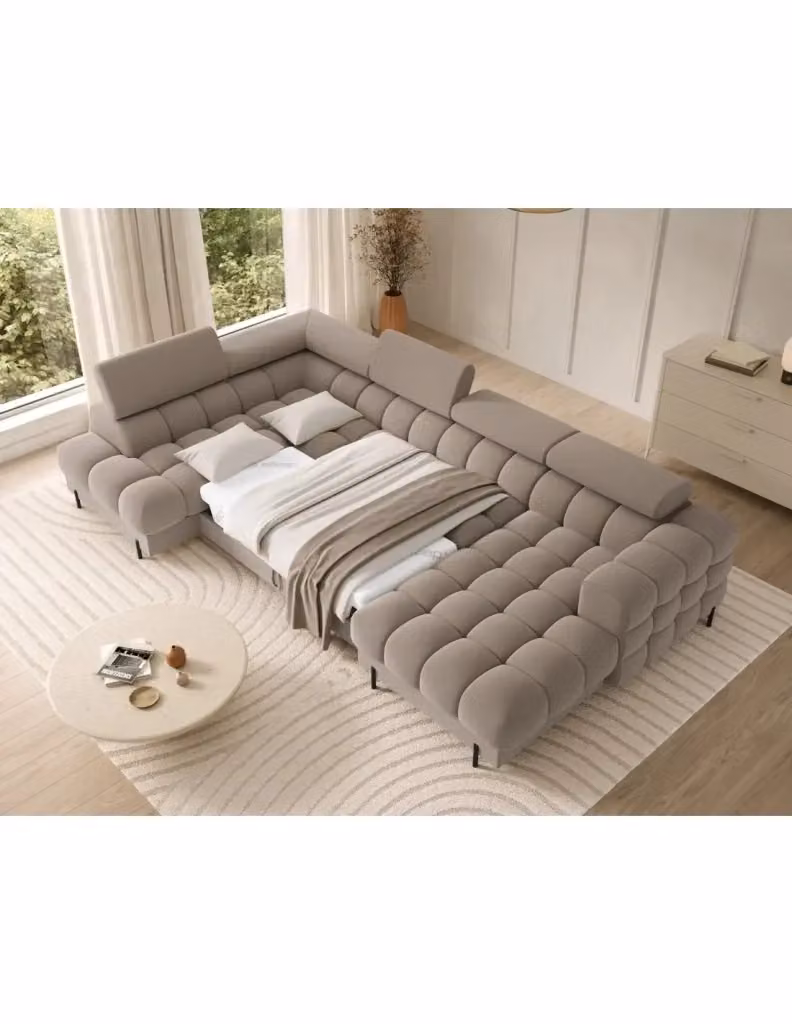 Divano panoramico convertibile beige con angolo sinistro FERARIA MEUBLORAMA L: 358 cm, P: 93 cm, H: 202 cm – 2