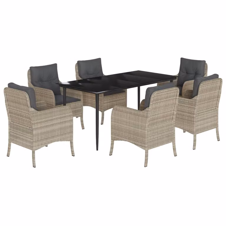 Set da Pranzo da Giardino 7 pz Cuscini Polyrattan Grigio Chiaro