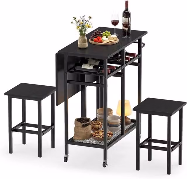 Set Tavolo da Pranzo Salvaspazio Estendibile Costway con 2 Sgabelli con Ruote e Portabottiglie, Nero