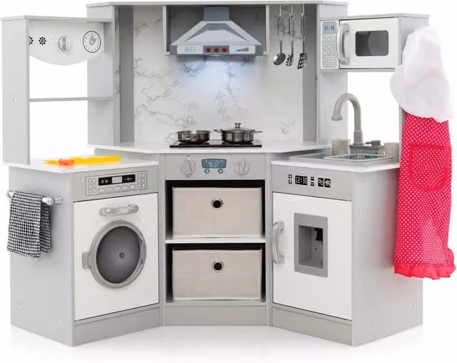 Set di Cucina Giocattolo Costway per Bambini con Luci e Suoni, Cappa Aspirante, Fornelli, Microonde, Distributore d'acqua e Lavatrice, Grigio