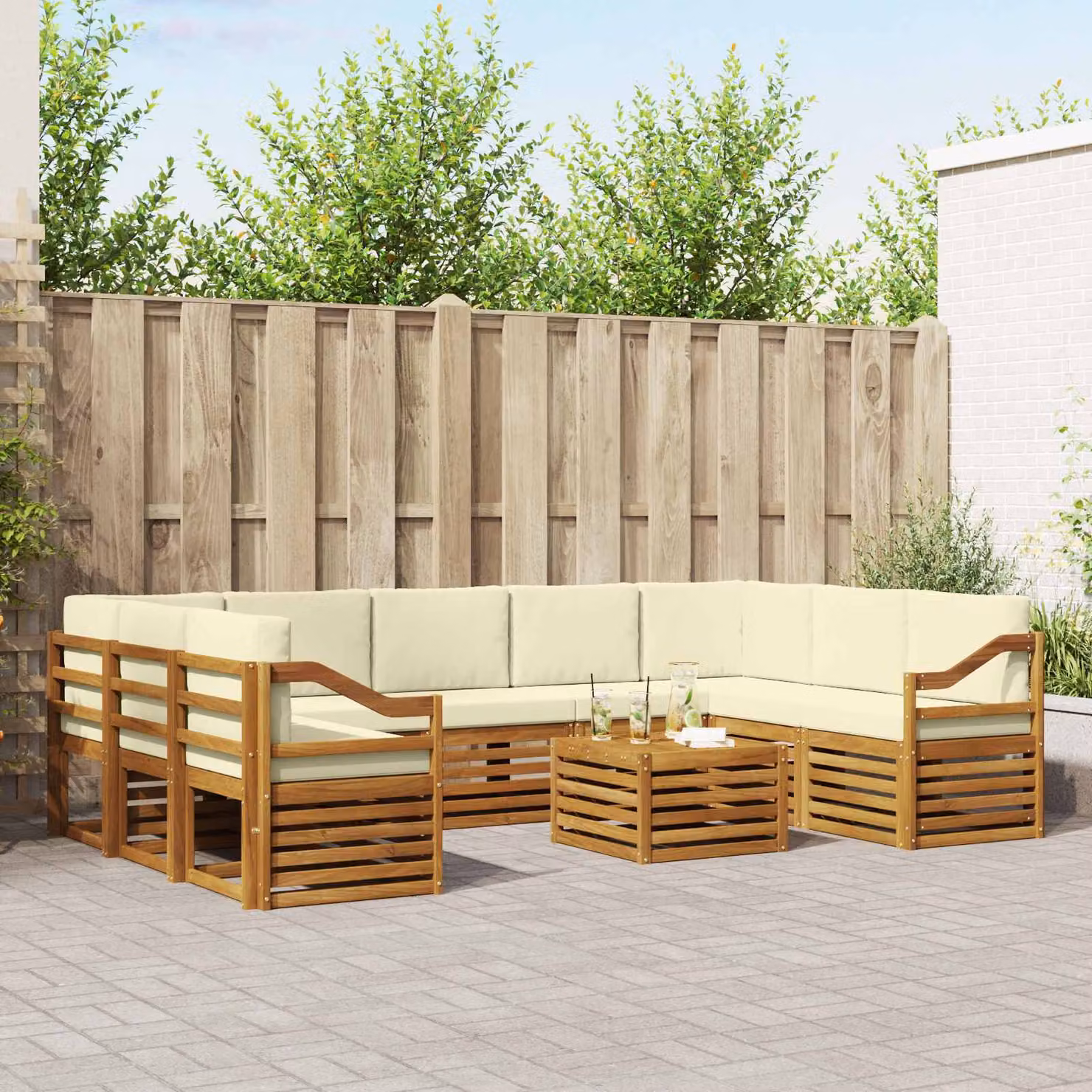 Set di divani da esterno vidaXL a forma di L in legno di acacia con tavolo da caffè e cuscini, Beige e Marrone