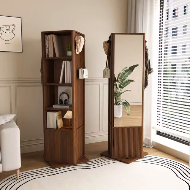 Armadio specchio girevole 4 in 1 con contenitore; 50x50x170 cm; MDF effetto noce