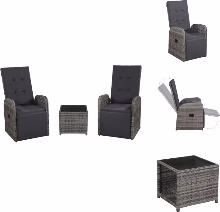 vidaXL Set bistrot 3 pezzi con cuscini in poly rattan grigio - Set di mobili da giardino