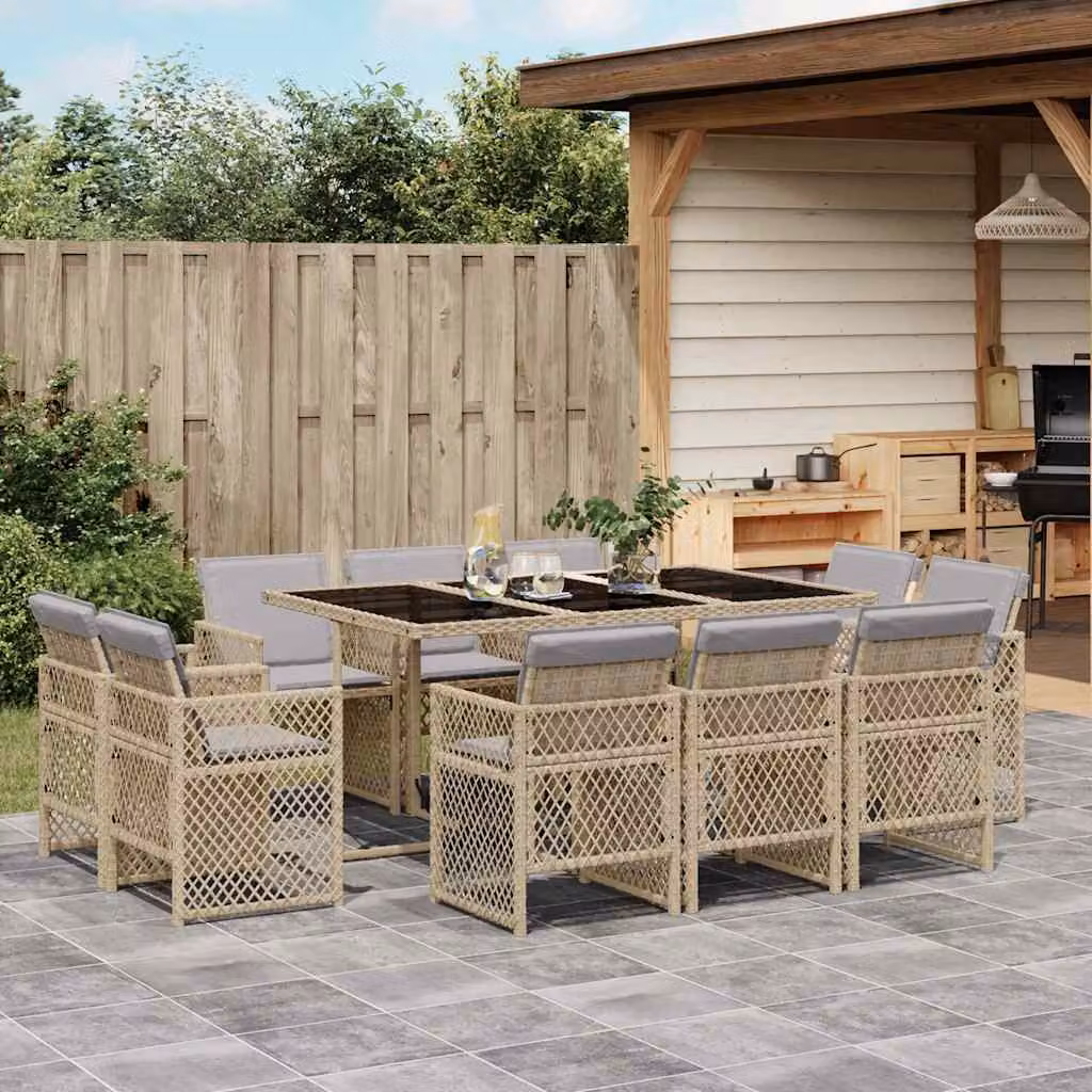 Set Pranzo da Giardino vidaXL 11 pz in Polyrattan con Cuscini Beige e Piano in Vetro – 1