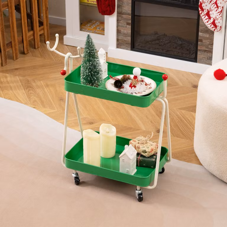 Tavolino laterale natalizio Costway con design a renna, carrello a 2 ripiani in metallo verde con ruote per spazi ridotti