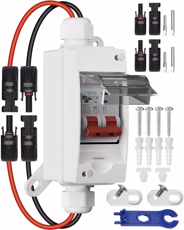 Interruttore automatico miniaturizzato DC 500V 32A con scatola impermeabile IP65 e connettore per pannelli fotovoltaici