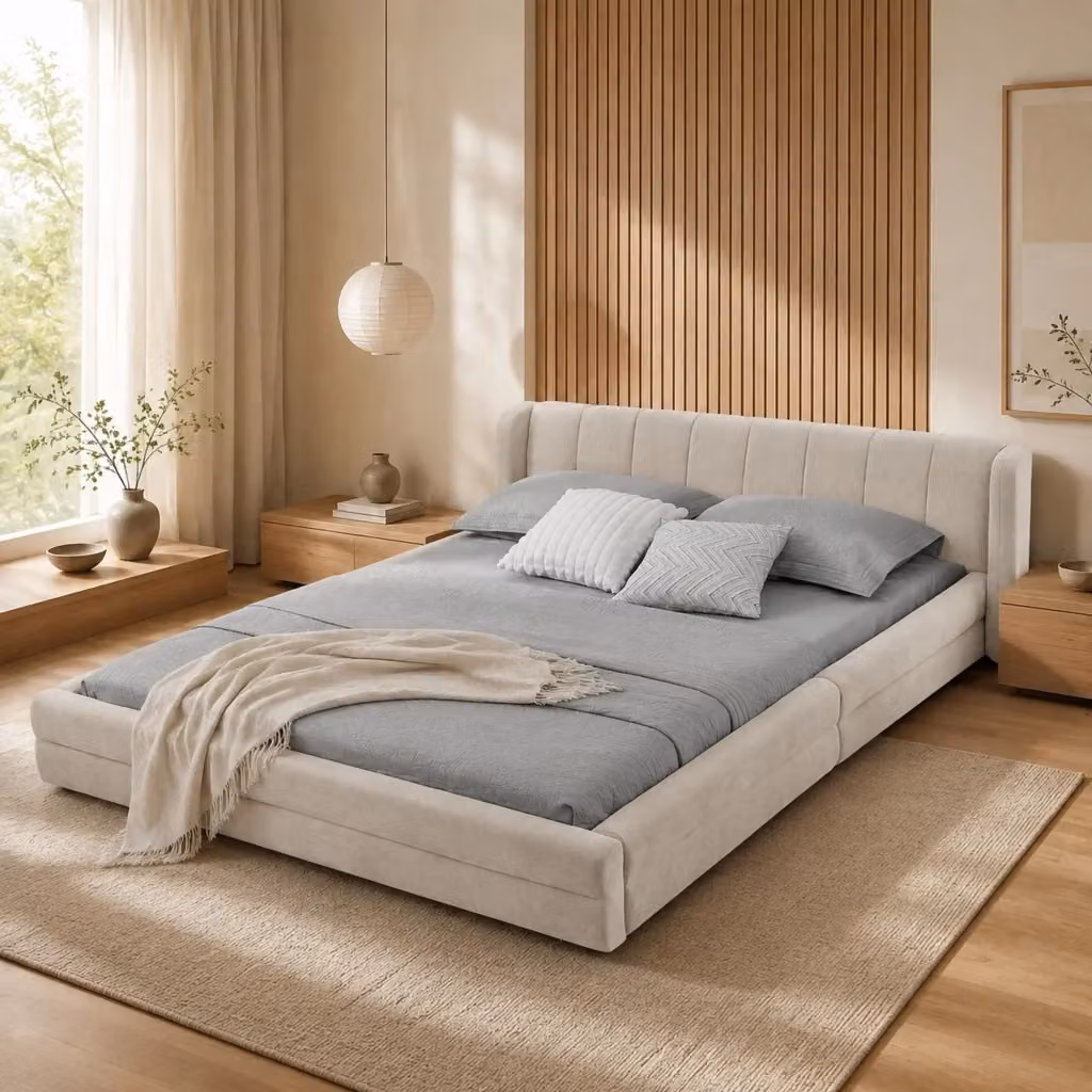 Letto matrimoniale Mivray rivestito in ciniglia beige con testiera trapuntata e struttura in legno di eucalipto e ferro, L/P: 140 x 200 cm – 2