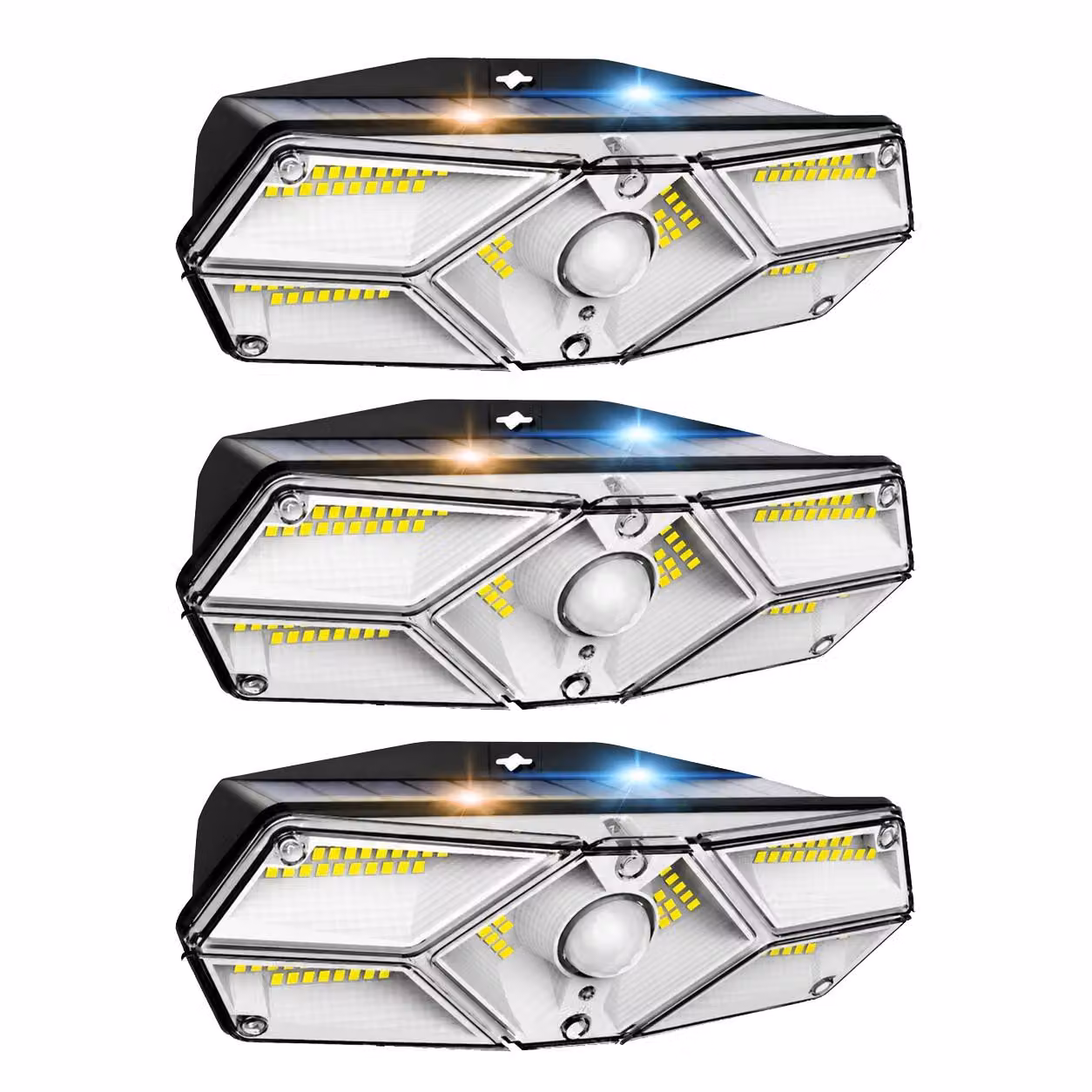 Set di 3 lampade solari LED da 104, con sensore di movimento, per esterni, da parete, adatte per giardino, garage, terrazza e veranda