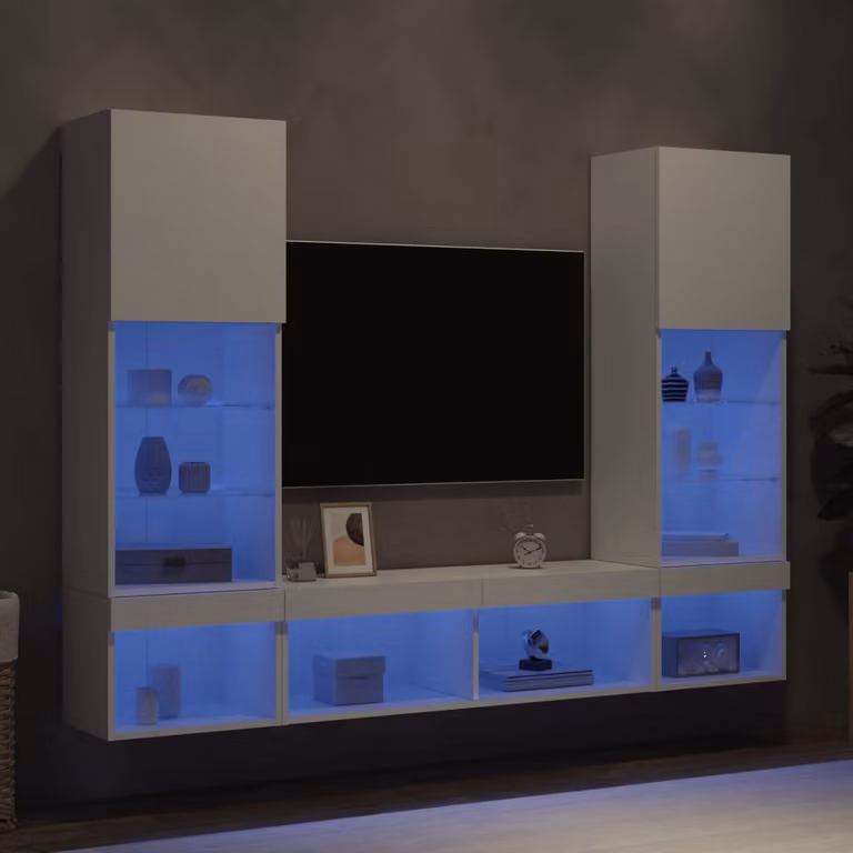 Mobile TV a muro vidaXL moderno con illuminazione LED integrata in legno e MDF, bianco, set da 5 pezzi