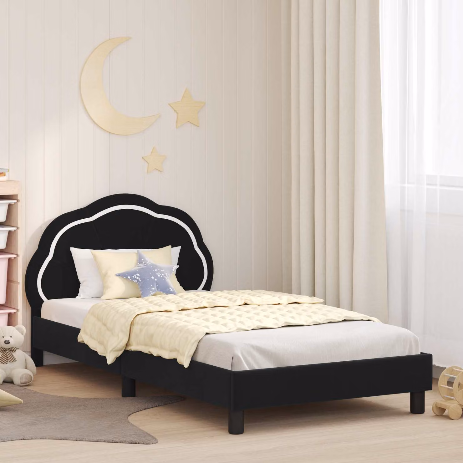 Struttura letto per bambini vidaXL in velluto nero con testata, L/P/H: 90 x 190 x 85 cm