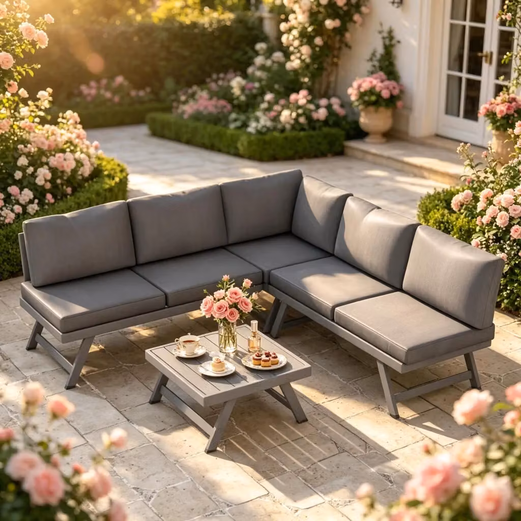 Divano da giardino angolare OKWISH a L per 5 persone con tavolino e cuscini grigio – 2