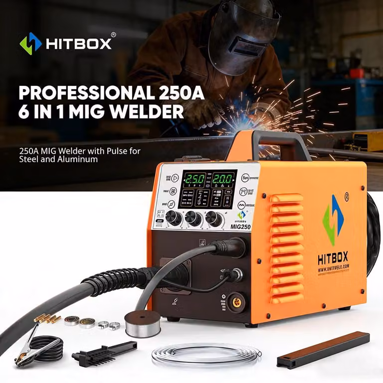 Saldatrice MIG multifunzione - Inverter MIG250 - 6 in 1: MIG/MAG, MMA, Lift, TIG - Con gas/senza gas - 35–180 A - Saldatura dell'alluminio - Spina UE